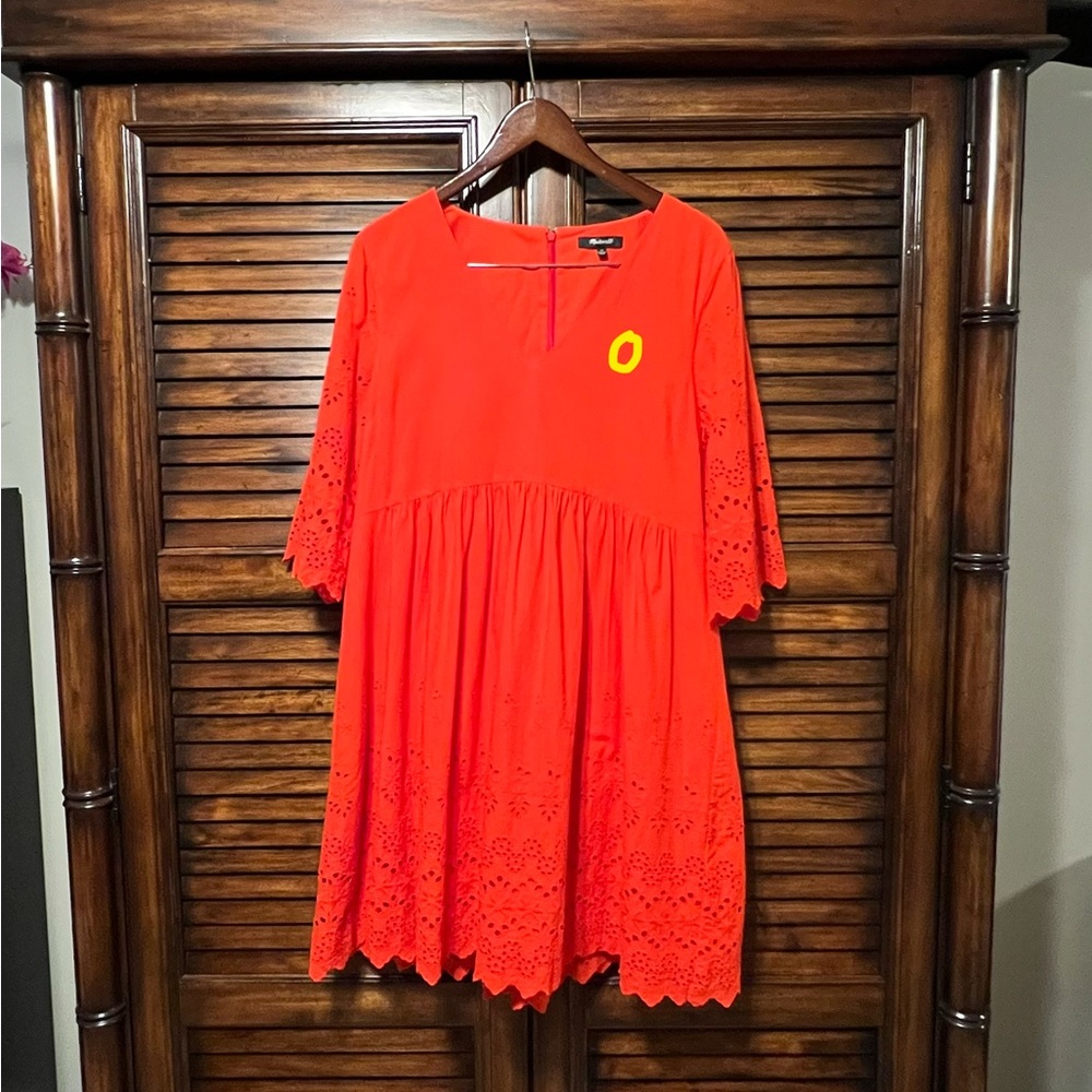 Madewell 153436 Women's Eyelet Lattice Dress V-Neck Bright Poppy Red Sz. 12 - Picture 13 of 14